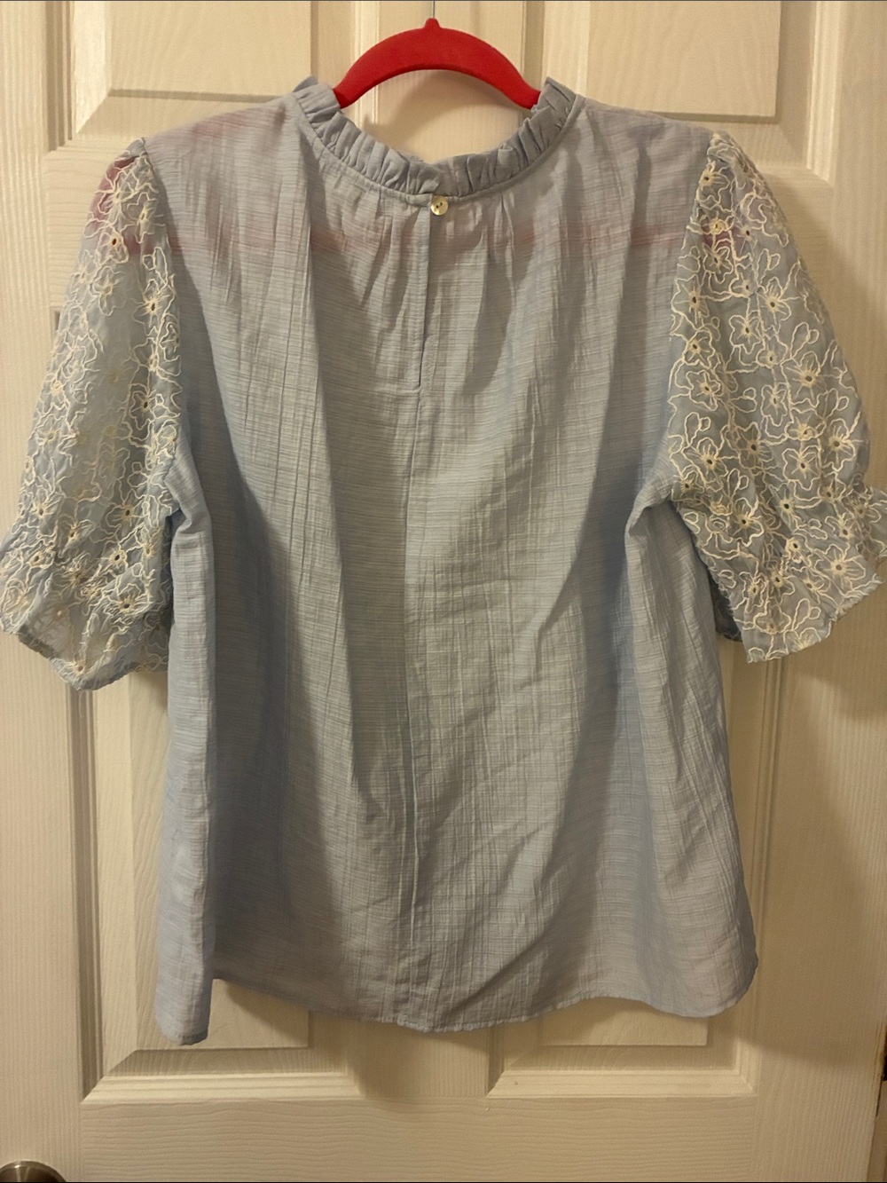 Light Blue Ruffle Neck Puff Sleeve Blouse - Picture 6 of 11